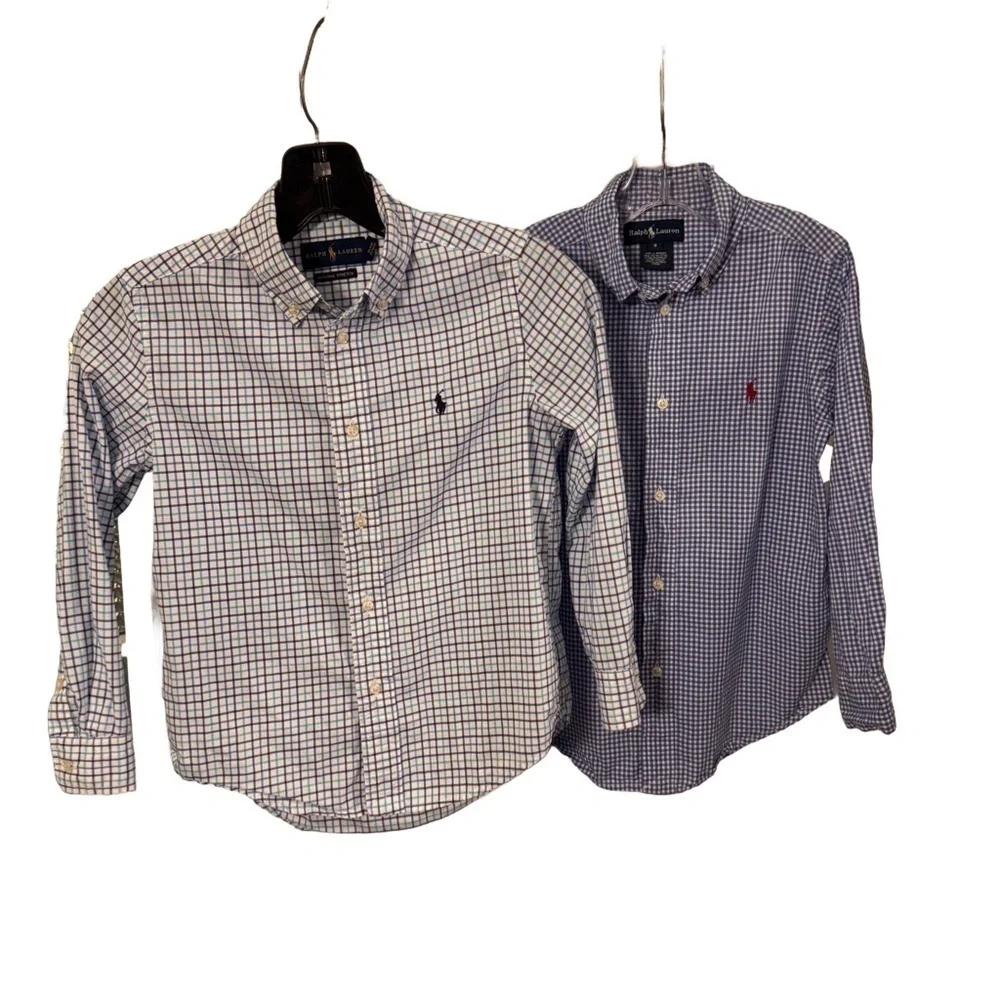 Ralph Lauren LOT Of 2 Boys Button Down Shirts. 1-checkered 1-plaid Blue Size 6